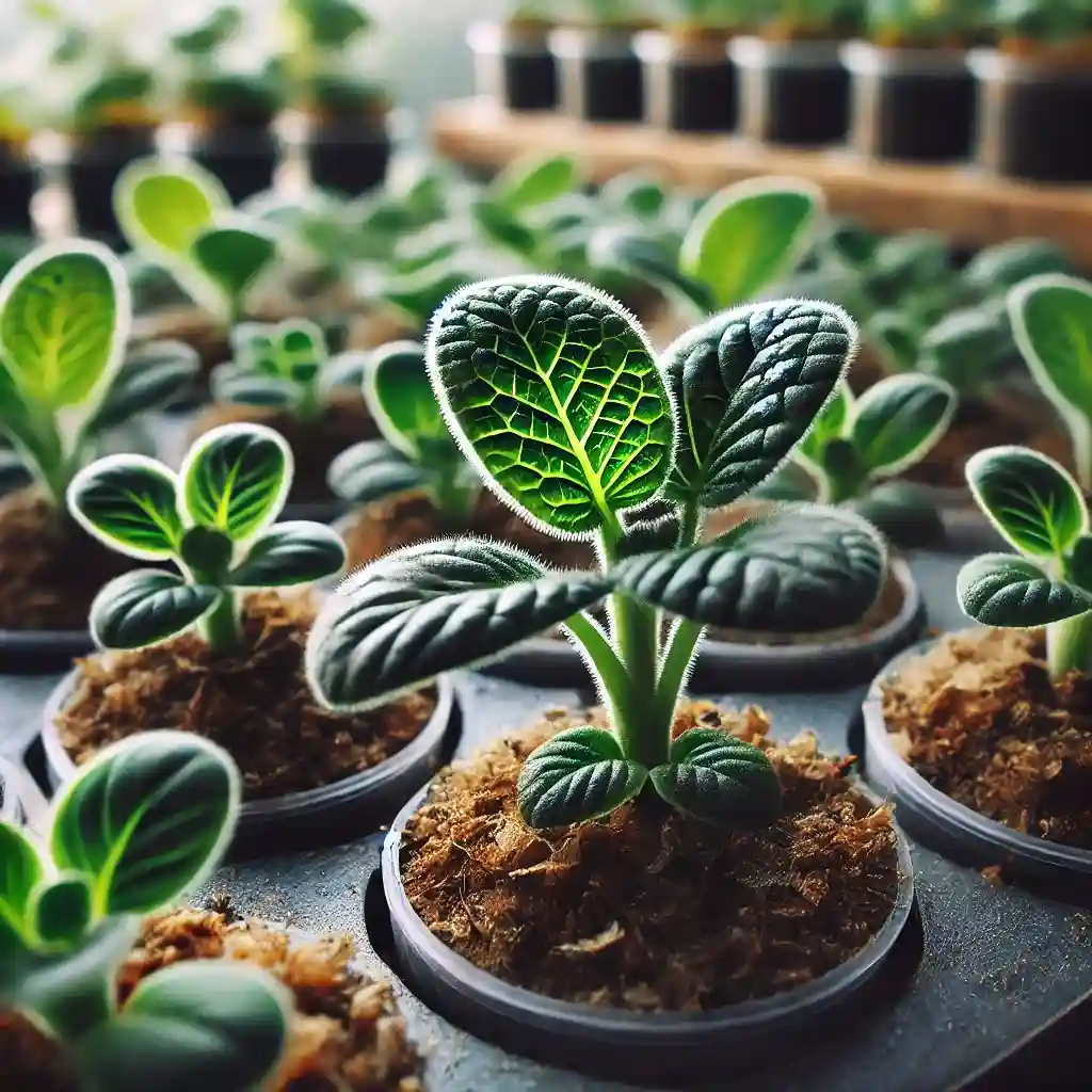 Mudas de gloxínia (Sinningia speciosa) brotando em vasos pequenos