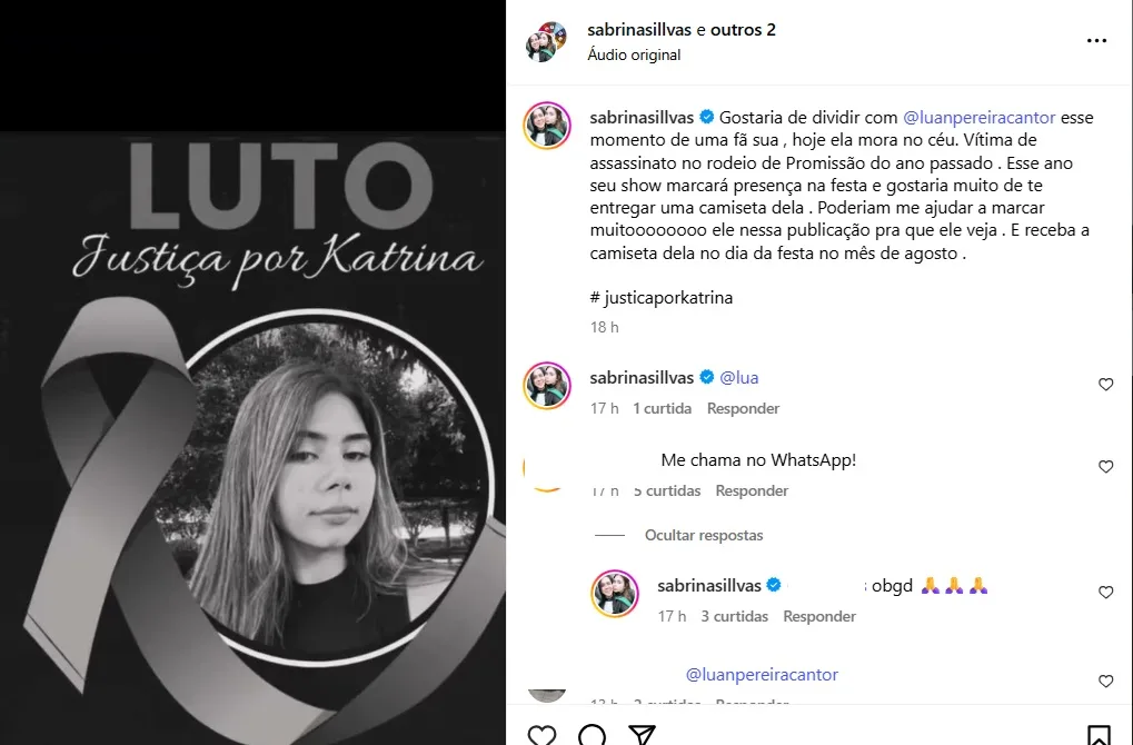 Família de Katrina, morta em rodeio, quer encontro com cantor Luan Pereira