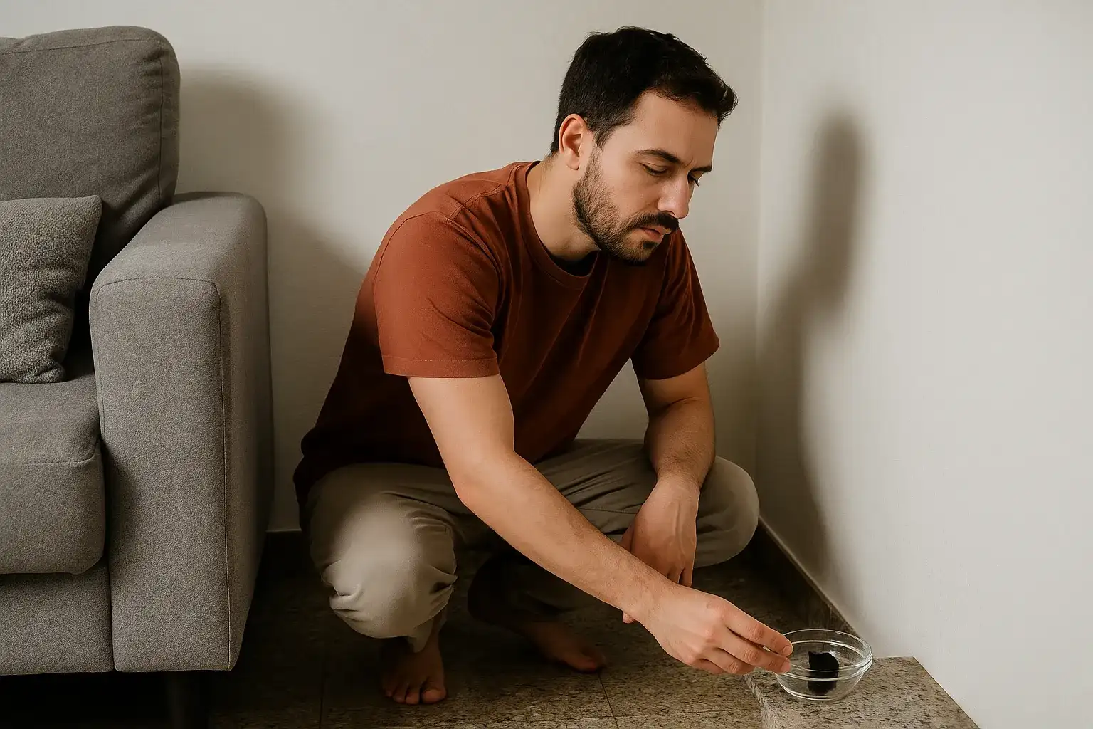 Limpeza energética com carvão no cantinho da sala