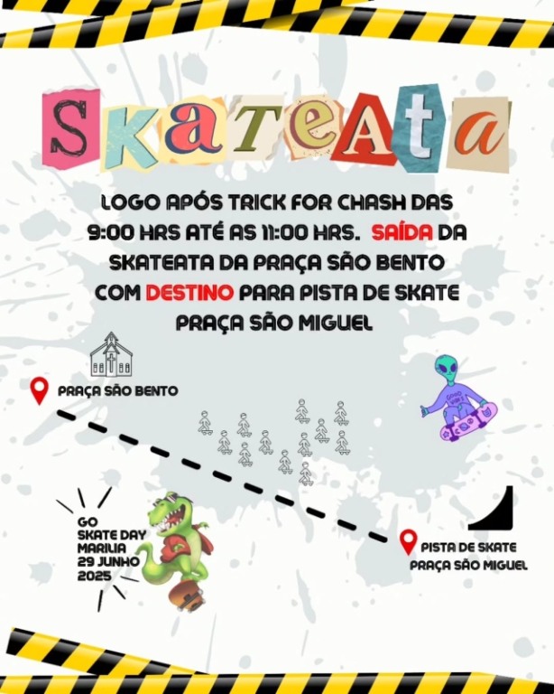 Atividades em duas praças de Marília trazem neste domingo o “Go Skate Day Marília” com disputas, manobras radicais e até uma skateata, além de lazer e arte,