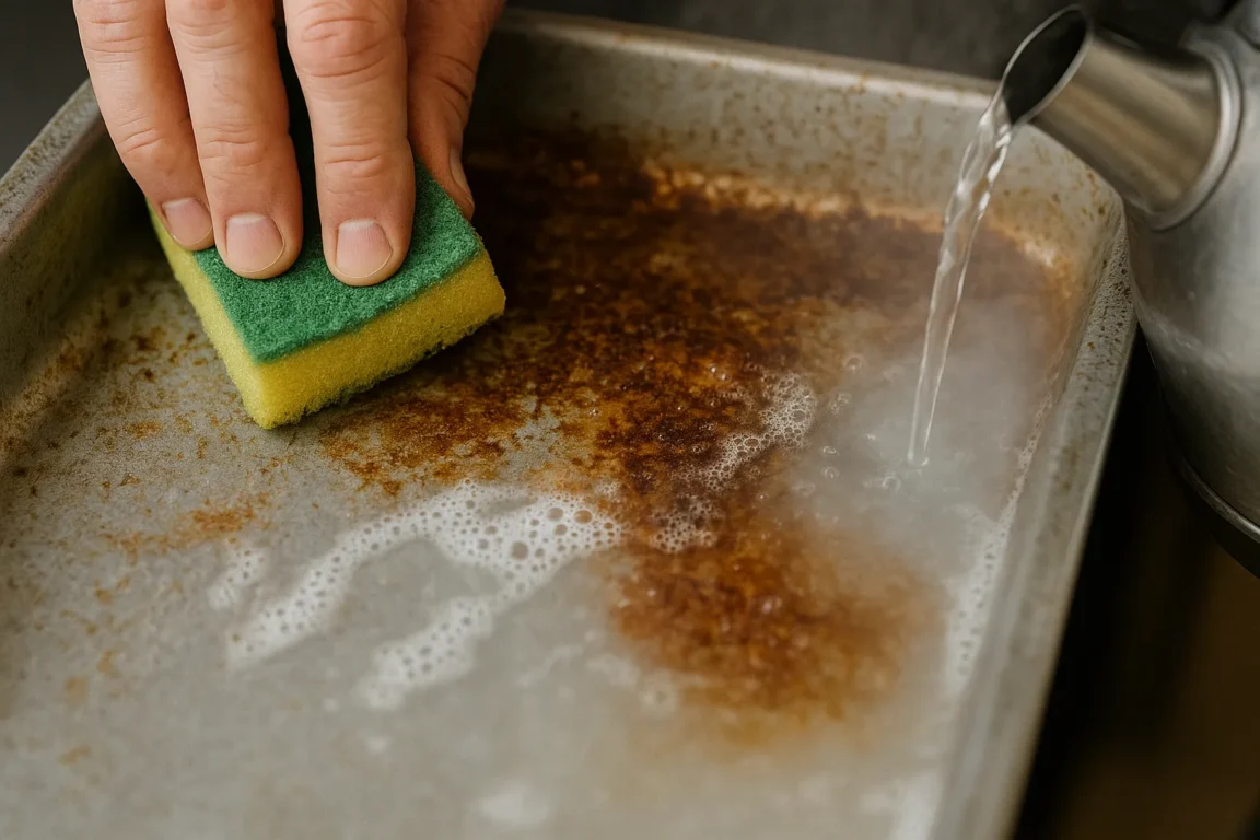 Como soltar gordura grudada da forma usando 2 colheres de sal e água fervente