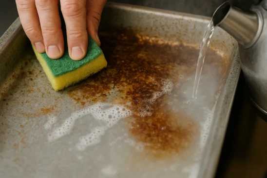 Como soltar gordura grudada da forma usando 2 colheres de sal e água fervente