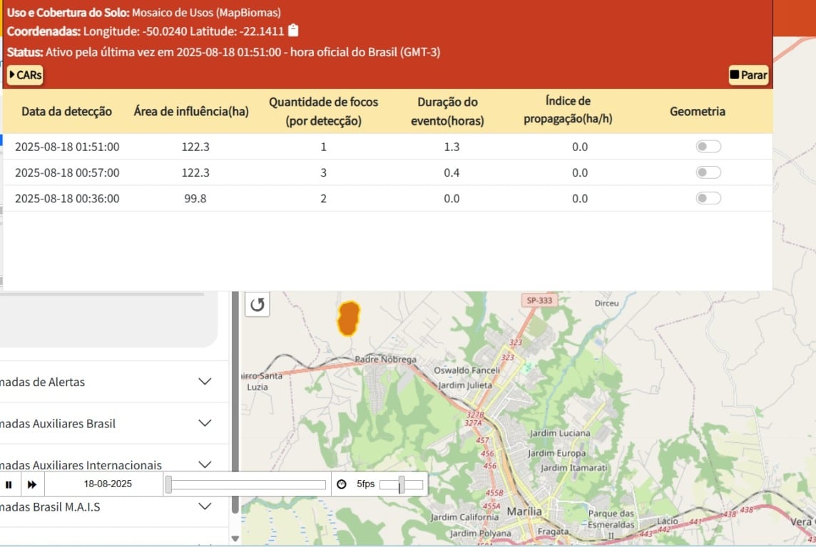 Painel mostra focos de incêndio em Marília e região, casos avançam no Estado