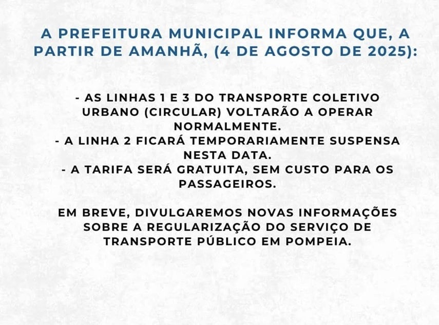 Comunicado da  Prefeitura de Pompeia esclarece funcionamento do transporte público nesta segunda-feira e  ostra operação de duas linhas, sem custos para passageiros.