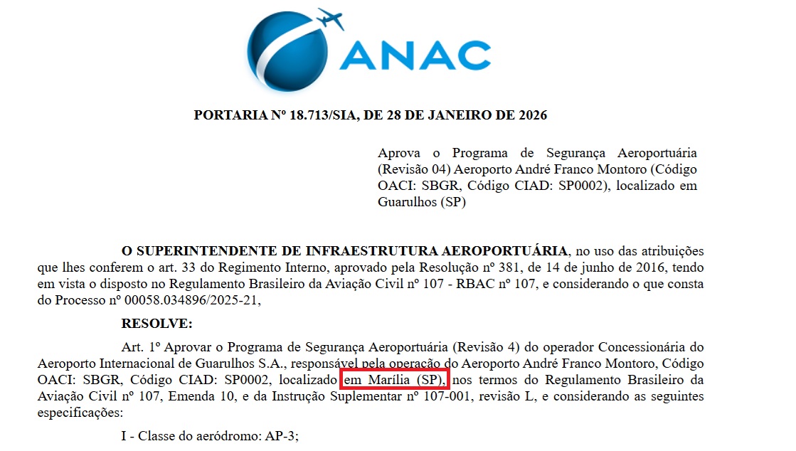 Publicação da Anac põe aeroporto internacional em Marília