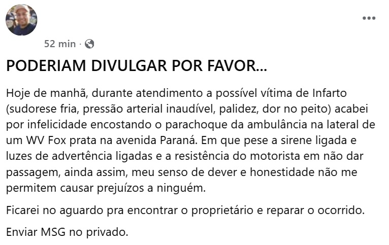 Ambulância atinge carro em socorro e motorista procura dono: 'reparar ocorrido'