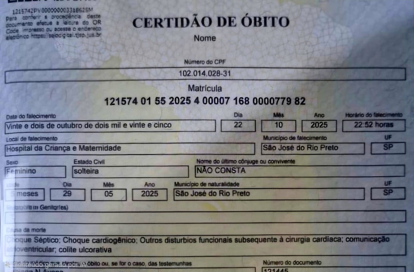 Família de Ocauçu acusa erro na morte de bebê em Hospital de Rio Preto; vai à Justiça