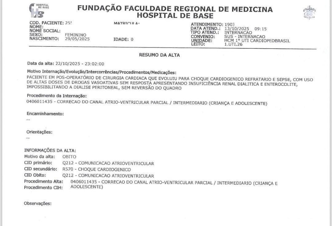 Família de Ocauçu acusa erro na morte de bebê em Hospital de Rio Preto; vai à Justiça